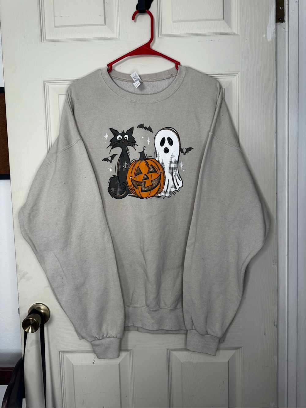 Halloween Graphic Crewneck Sweatshirt - Beige with Sparkles - XL